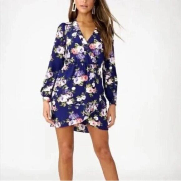 Lulus Dresses & Skirts - Lulu's That's a Wrap Navy Blue Floral Long Sleeve Dress, Size S
